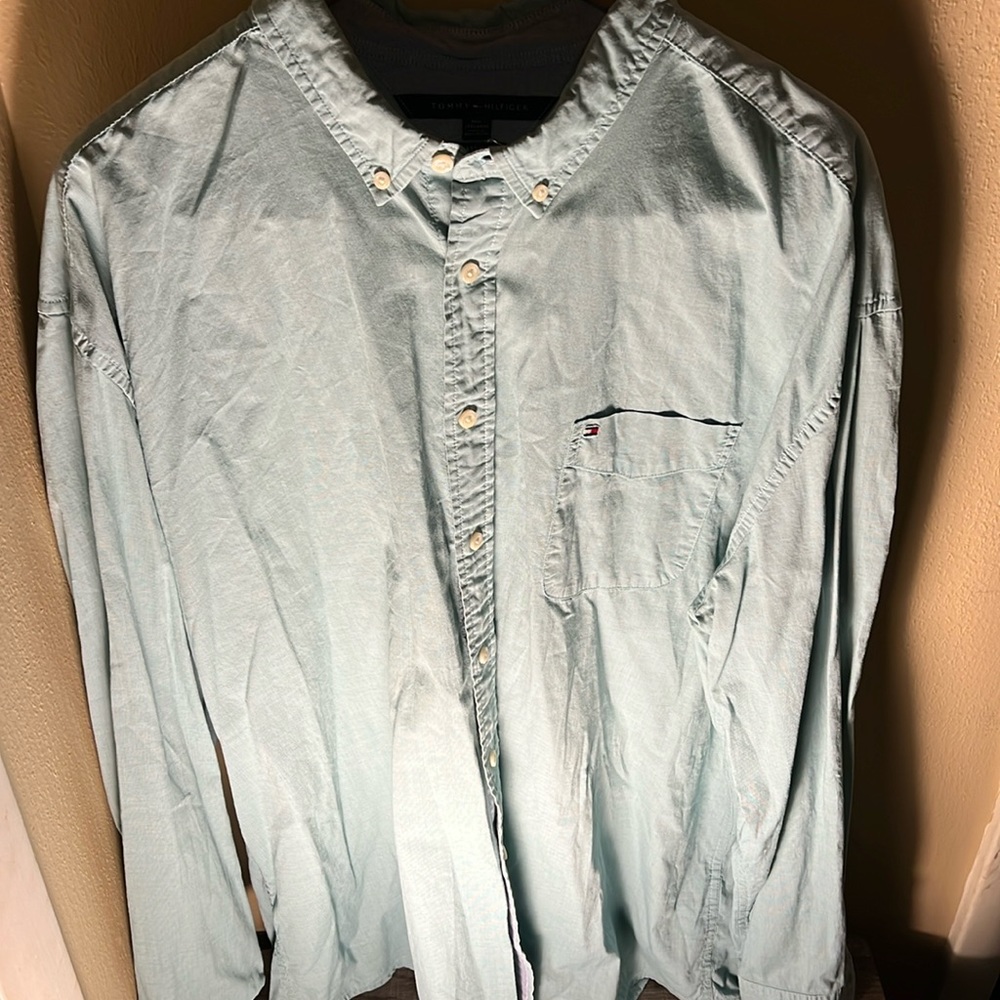 Tommy Hilfiger Mens LS Solid Button Down Shirt Color Blue Green Size 3XL
